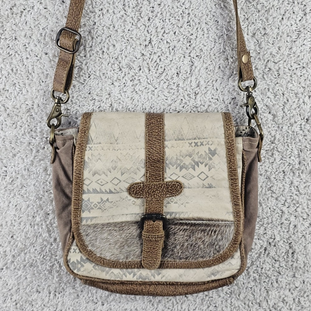 Myra Bag Crossbody Messenger Blue Ivory Brown Flap Zip Close Cow hide Bag